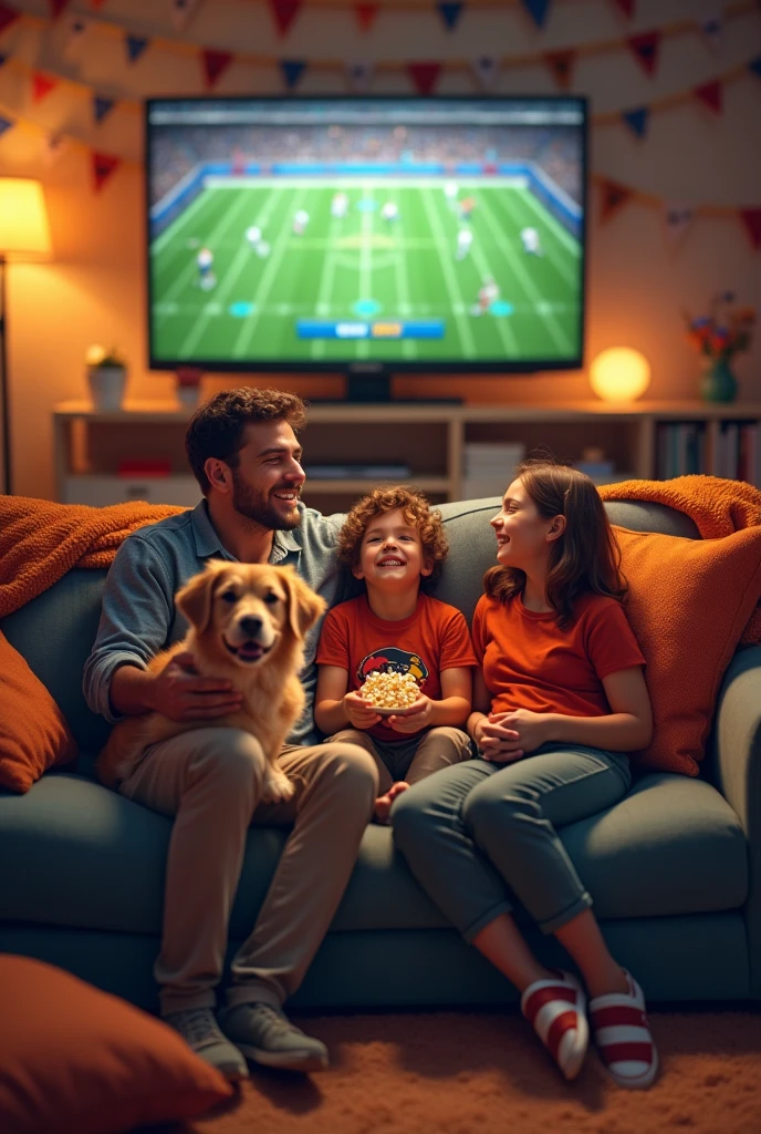 Family celebrating on the living room couch with their dog, watching an American football game with all the themed decorations of the game.