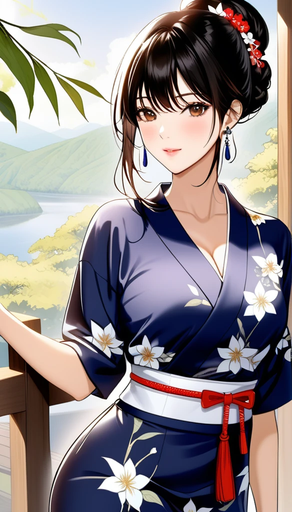 (1woman, mature, hair braid bun ,yukata, traditional Indian long drop dangle earrings , detailed alluring , saggy breasts , looking at viewer, necklace , cleavage