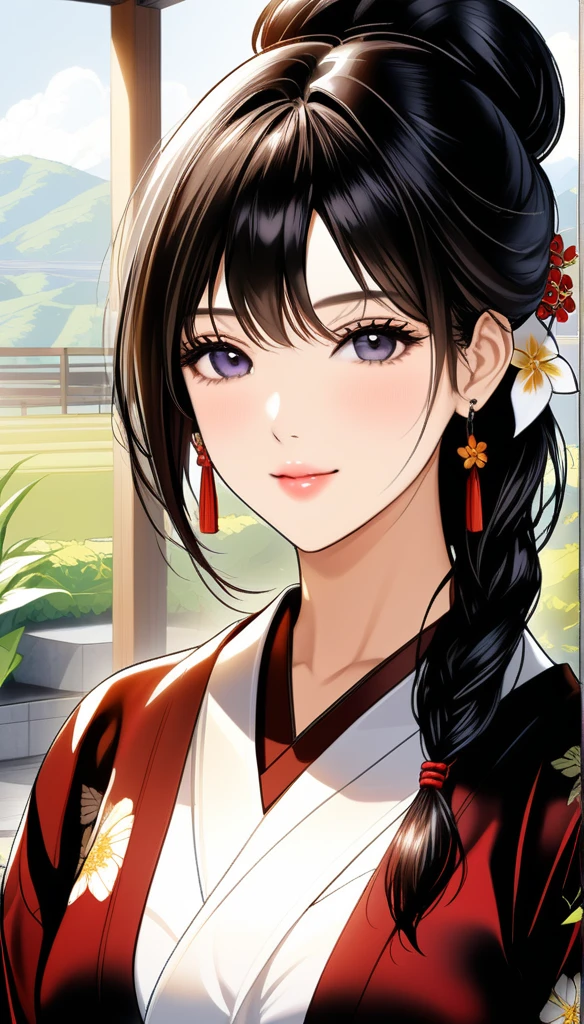 (1woman, mature, hair braid bun ,yukata, traditional Indian long drop dangle earrings , detailed alluring , saggy breasts , looking at viewer, necklace , cleavage