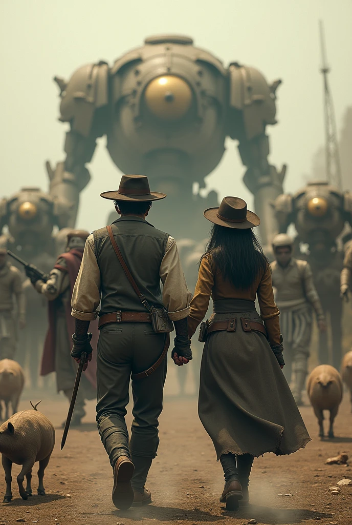 ロボットのSwarmの前を歩く男性と女性のアラビア数字の画像, Grimdark Steampunk Fantasy, PS4 in-game cinematic, Characters wearing hats, Angled, wasteland, Official Splash Art, &quot;pig, Gunman, gray wasteland, Swarm, Heavy white and gold armor, Sepia, Official artwork, ox  