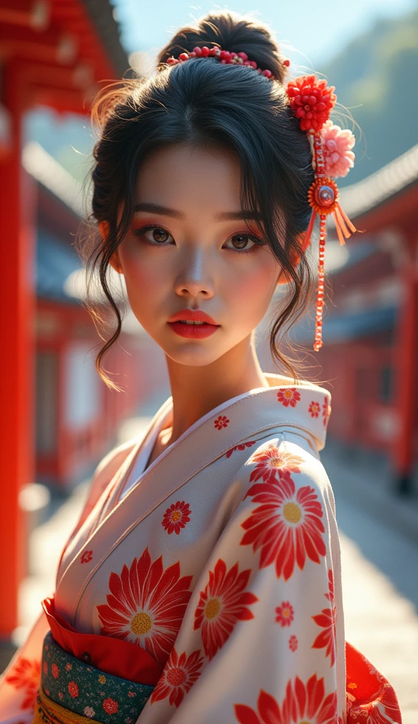 A beautiful young woman wearing brightly colored Japanese clothing、A charming expression、The upper white teeth are visible、(Japanese clothing with red floral pattern on a white background、Bright and vividly colored kimono)、((SeaArt creates beautiful women in kimono))、Full Body Shot、background、Shrines and temples、The atmosphere is like that of a Japanese Ukiyo-e painting.、