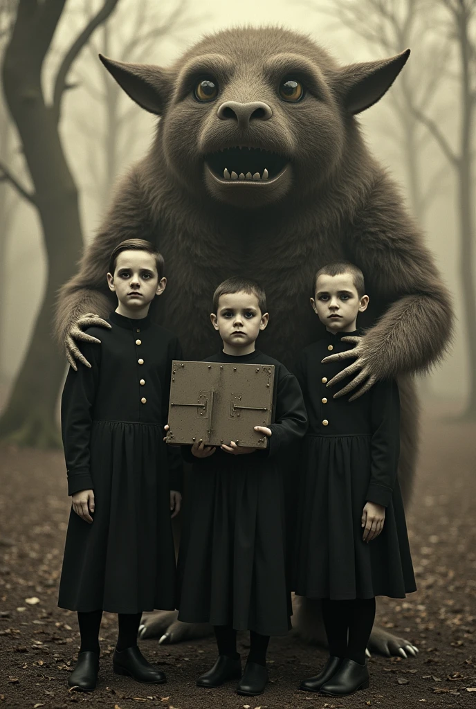 A ((Very old photograph in sepia tones only, monochrome)) surreal, gothic-style image featuring three weird  with pale skin and striking facial features, including high cheekbones and dark, dramatic makeup. Both children are dressed in black Victorian-era clothing. They are standing with their backs to a furry, big eyed furry creature that is holding a rectangular object studded with nails between them. The background is a desolate, misty forest with strangers trees, adding to the eerie and spooky atmosphere of the scene. vintage, photorealistic, early science fiction, Intricate Details, from the film Metropolis, inspired by Fritz Lang's Metropolis, Directed by Fritz Lang. Retrofuturism, 1920s, Old sci-fi film, ((motion picture film)), Ultra detailed, Chiascuro, Intricate, Sharp focus, Studio photography, Highly detailed, Photorealistic style, Hyperrealistic, High dynamic range, B&W, Realistic textures, 8K UHD, Nikon D 850, Kodak Portra 400, Fujifilm XT, 3D rendering.