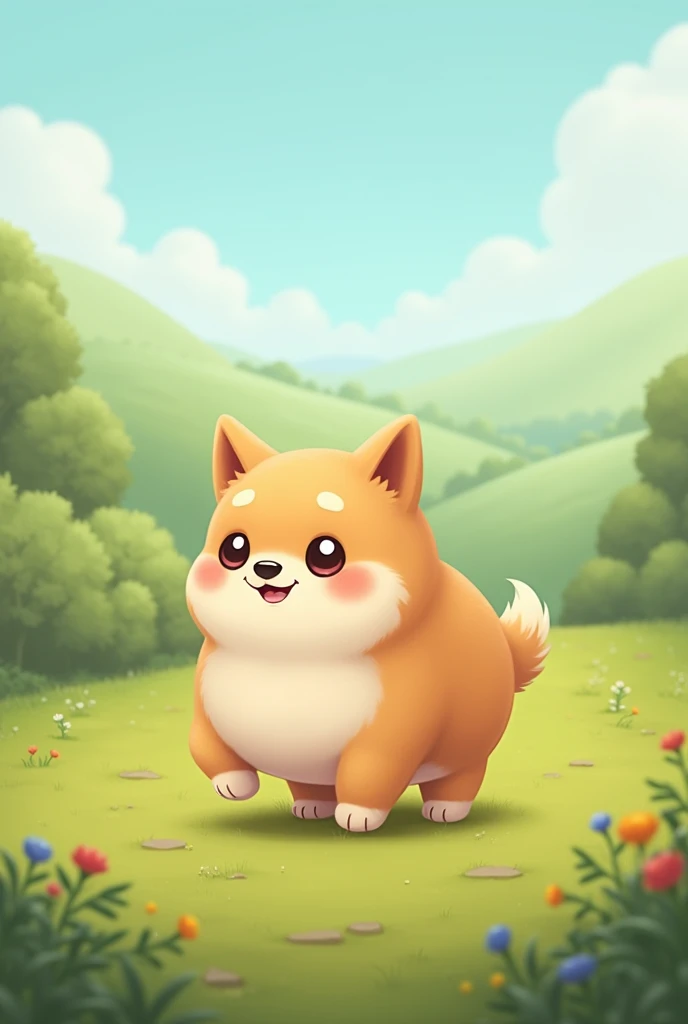 A cute, round, chubby dog walking around。