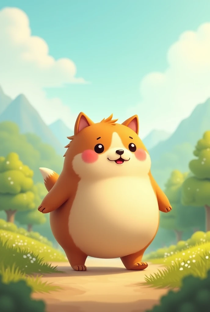 A cute, round, chubby dog walking around。