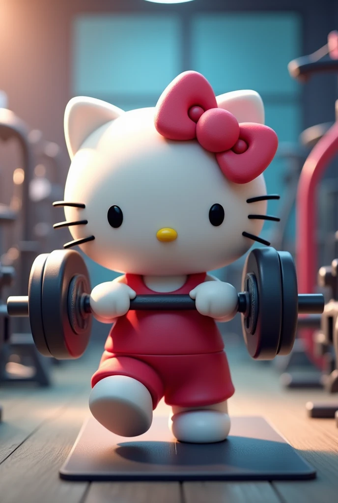 hello kitty doing physical exercise at the gym lifting weights