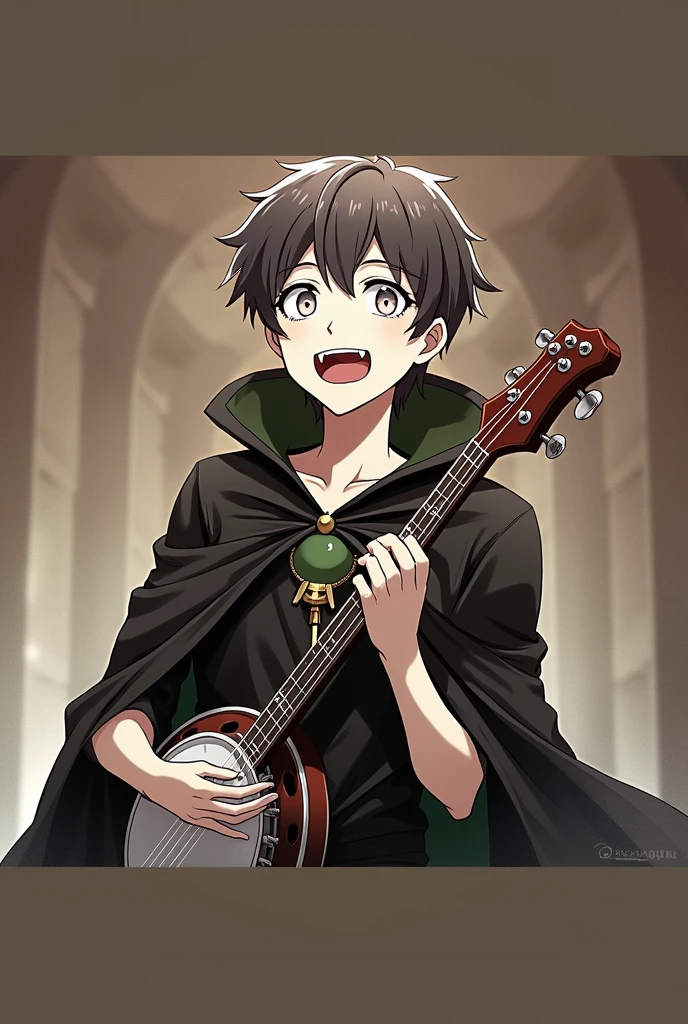 Young man playing the banjo, white eyes, dark hair, black cape, hood, mysterious, smiling, Fangs. anime. 