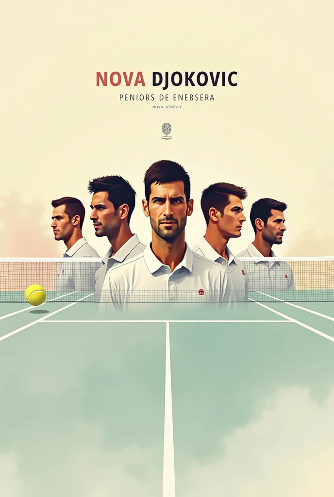 Minimalist and artistic image of Novak Djokovic alongside other prominent male tennis players, with their respective names, and a famous phrase from Novak Djokovic translated into Spanish. In the background a tennis court, and soft colors. 