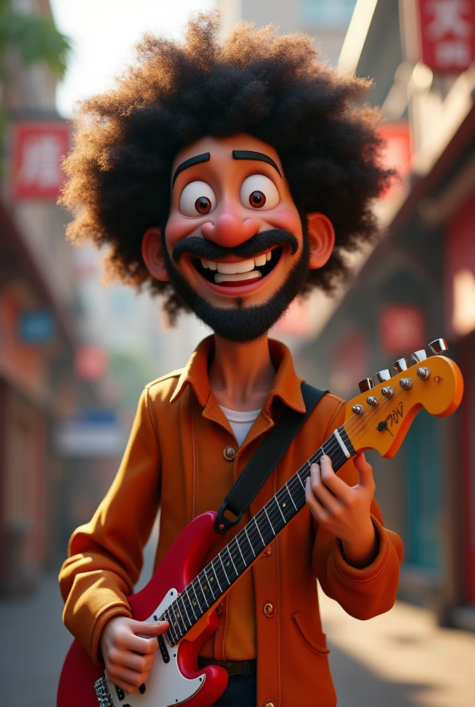Happy beardless 50 year old Japanese male cartoon character with afro hair and electric guitar, Anime characters, Stylized characters, Animation-style rendering, 3D stylized, Arnold Maya Rendering, 3D rendering style, toon render keyshot, 3D Characters, 3D Characters, 3D rendering style, 3D Charactersレンダリング, Cartoon characters, Close-up Character, Character pose, (Pixar Style) (Master Parts:1.2) (Bokeh) (Highest quality) (Fine skin) (Fine texture) (8k) (clay) (Cinema Lighting) (Sharp focus)