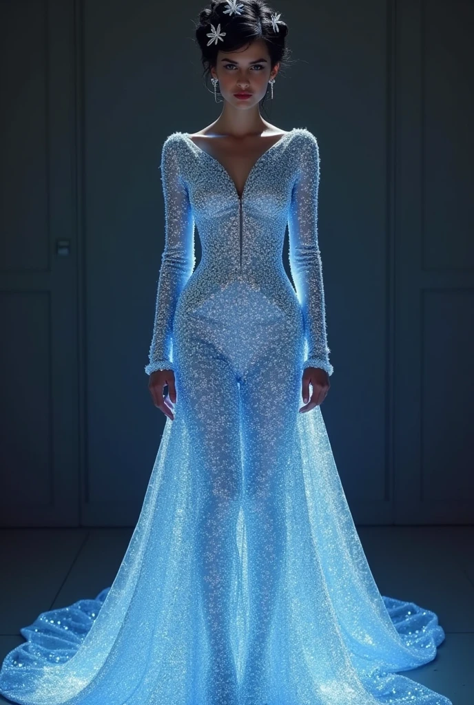 The dress… I had never worn anything like it and I doubted I would do so again..
Made with tiny blue gems, so clear they were almost white, The dress followed all the curves and valleys until it fell to the ground and formed a little pond that was like a liquid of starlight.. The long sleeves were tight on my arms., and they had diamond cuffs on their wrists. The neckline reached my collarbones and that modesty was undone by the way the dress clung to me in areas that I assumed any female liked to show off.. They had put my hair up with two silver and diamond combs.; My hair was left away from my face and then fell over my back.