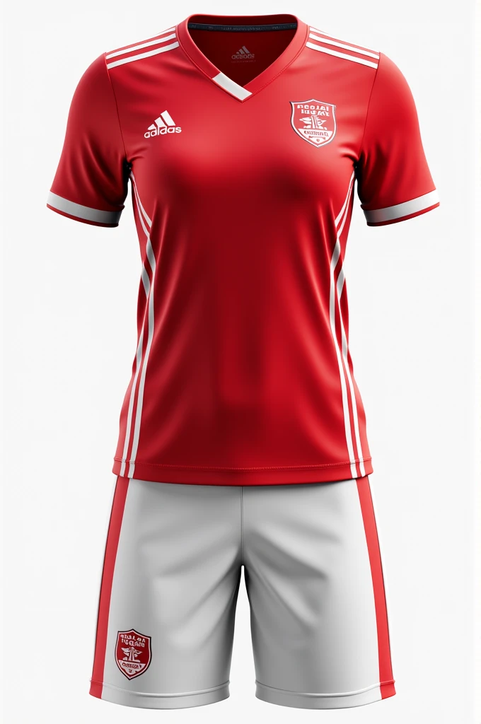 Help me design a uniform for a women's soccer team called the Fiscal Control Stars as follows:
T-shirt: Red base color with white details, like the V-neck and horizontal stripes on the sides.
Shorts: White with a red stripe on the sides.
socks: Red with a white band on top.
Accessories: Team logo in white on the chest.