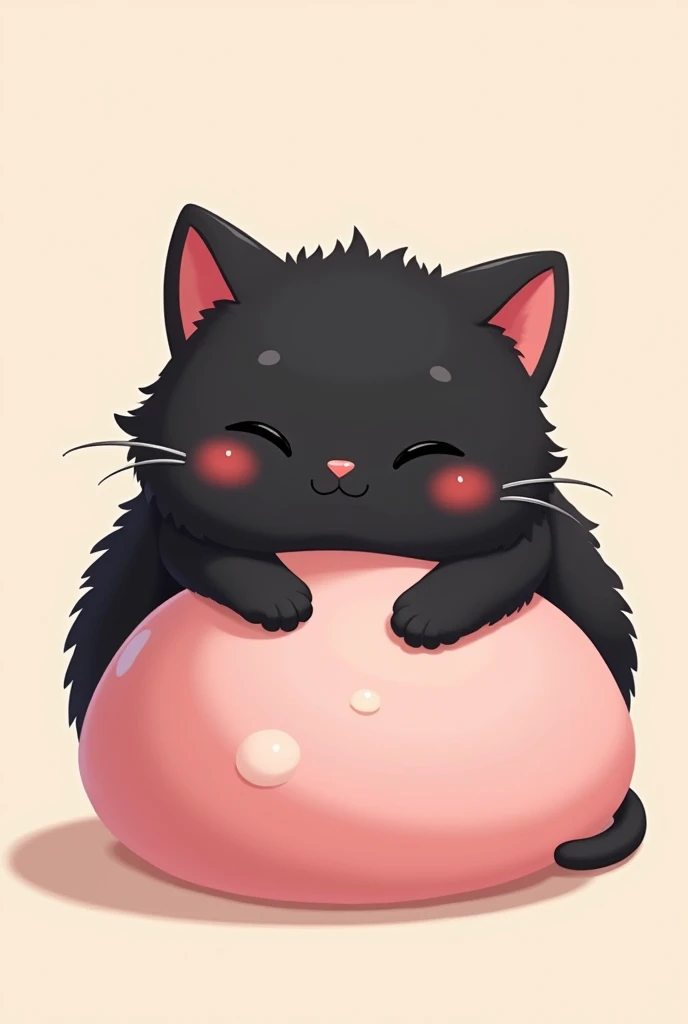a cat on top of a pink mochi , The cat that is black is more adorable and that is hugging him than the mochi and looks more traditional and cartoonish

