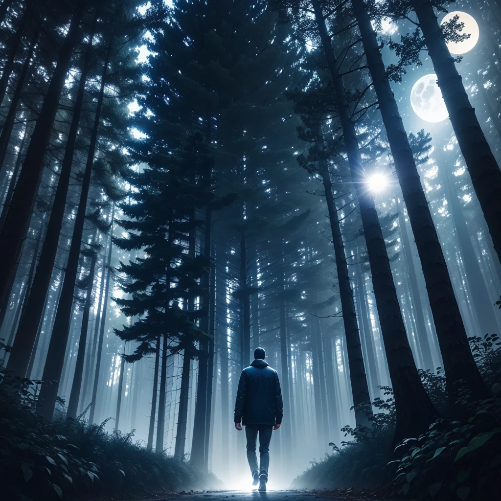 A man walking in the dark Forrest with a clear dark blue sky, with full moon