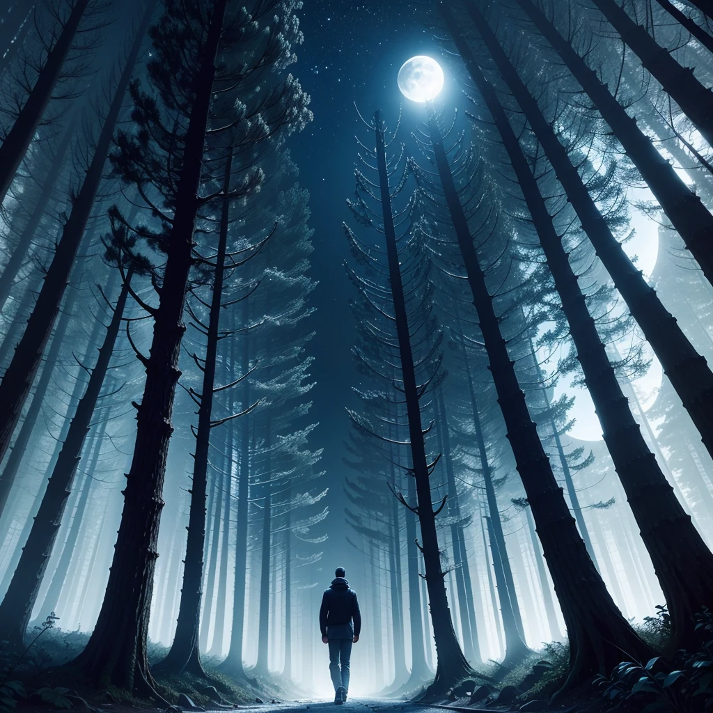 A man walking in the dark Forrest with a clear dark blue sky, with full moon