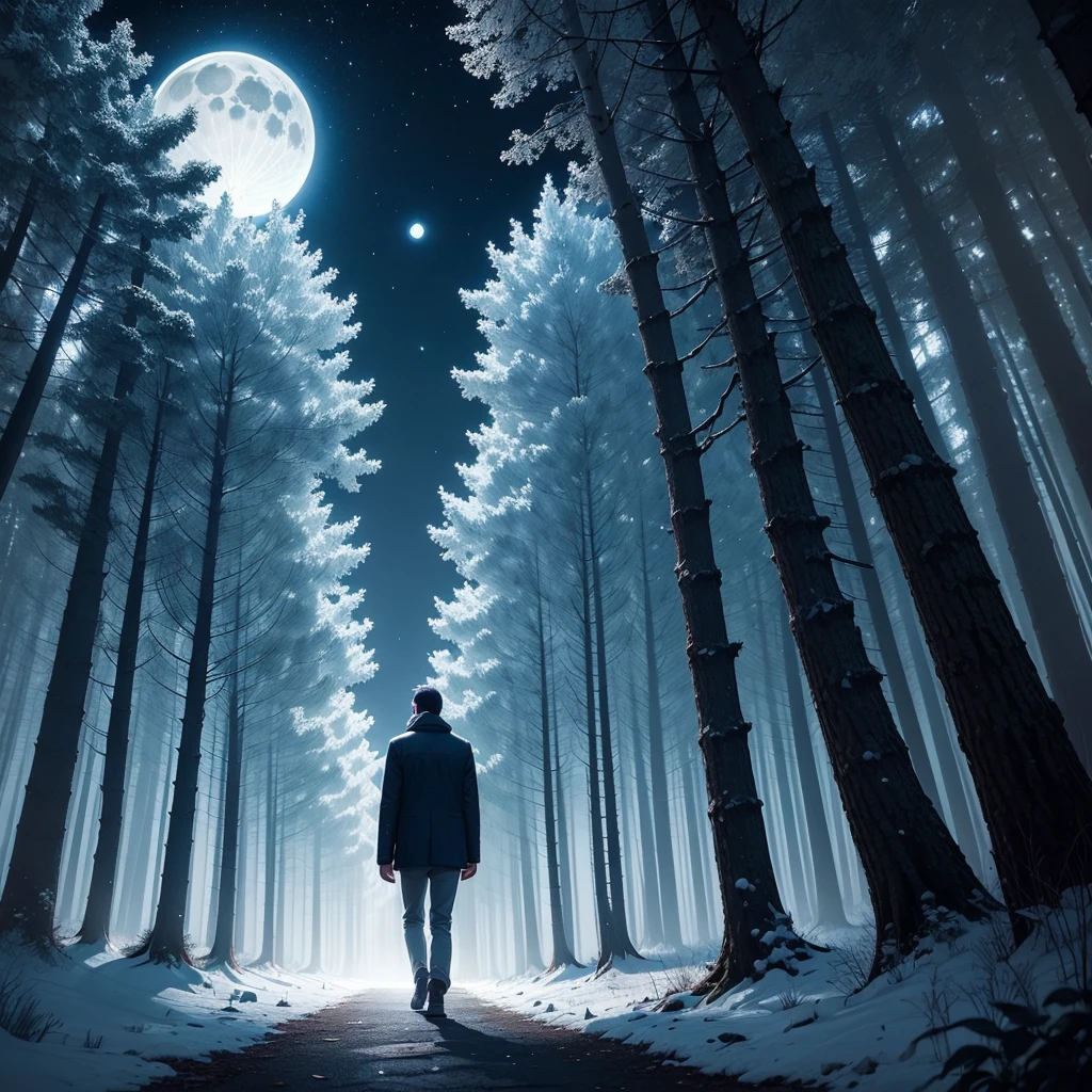 A man walking in the dark Forrest with a clear dark blue sky, with full moon