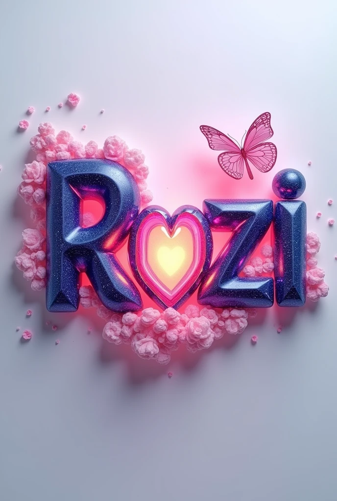 A captivating 3D logo illustration 3d for "Rozi" designed to resemble mesmerizing crystals. The lettering features a dazzling starry color palette, transitioning seamlessly from dark purples to dark pinks. Delicate pink crystals adorn the name, adding an air of elegance and sophistication. At the heart of the design, a warm, glowing heart symbolizes love and passion. Framing the logo, a graceful glass butterfly flutters, embodying romance and whimsy, adding to the design's magical charm. The clean, light gray backdrop accentuates the vibrant colors and intricate details, inviting the viewer to step into a realm of charm, mystique, and enchanting beauty., 3d render, vibrant, graffiti