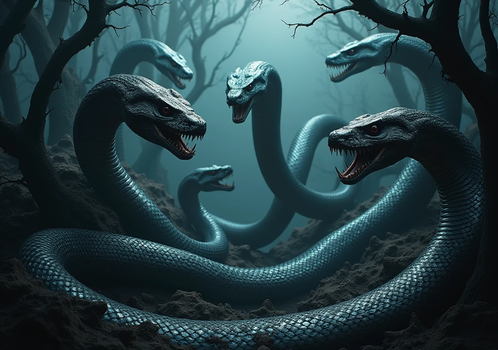 5 big snakes in horror background