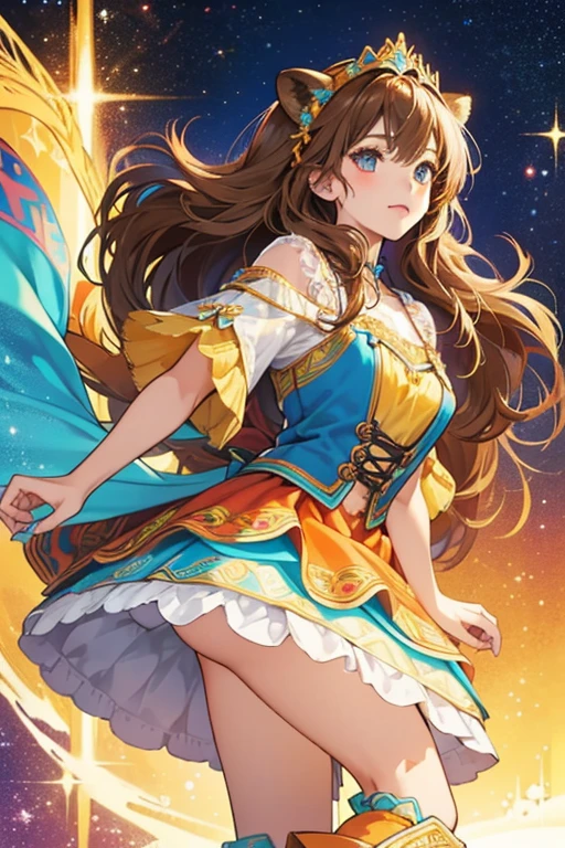 Lacey is a light tan doll with medium brown hair, and a lion tail.
Her top is blue with a multicolored design. Her skirt has a zig-zagged multicolored pattern.
She wears orange boots and has a yellow headpiece and shawl. SPARKLE; GLITTER