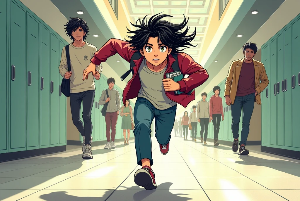 draw a young man with long hair running in a college hallway with his notebooks in his hands (with Japanese manga features)