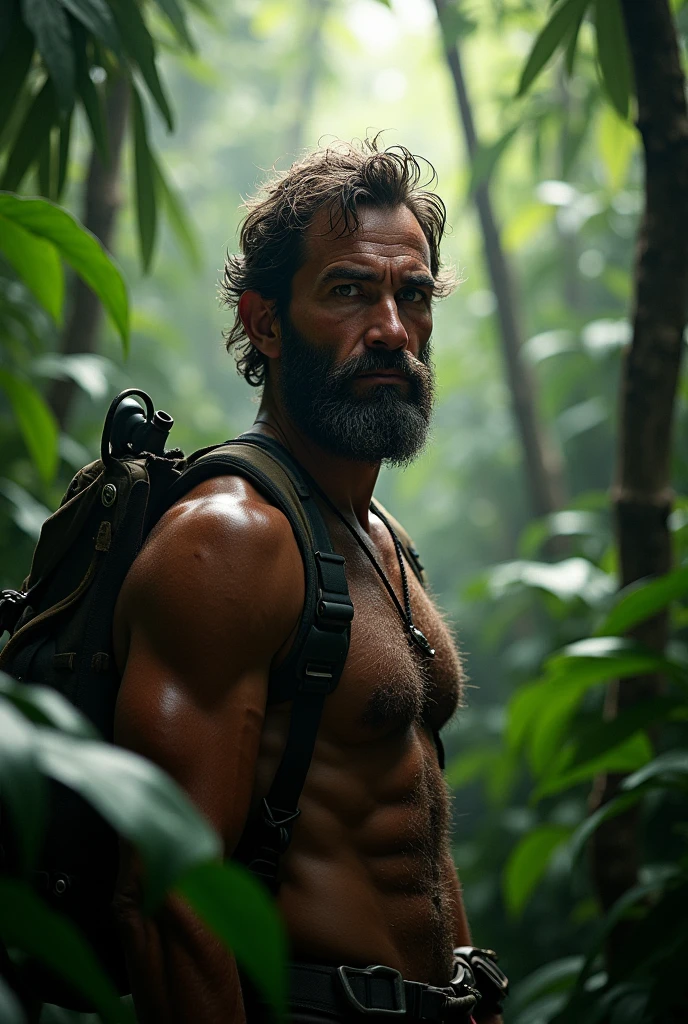 a man standing in a dangerous jungle, lush overgrown foliage, sunbeams through the trees, dramatic lighting, adventure, (best quality,4k,8k,highres,masterpiece:1.2),ultra-detailed,(realistic,photorealistic,photo-realistic:1.37),cinematic composition,moody atmosphere,dramatic shadows,detailed facial features,strong sense of depth,intricate details,rich colors,warm lighting