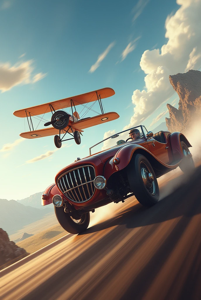 old car and plane at high speed