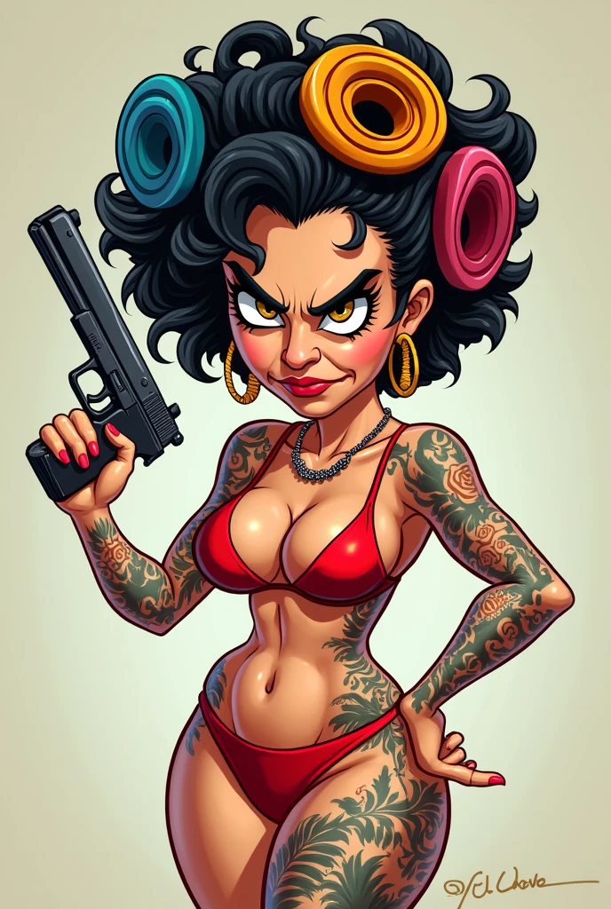 Drawing of Dona Florinda from the television series EL CHAVO holding a firearm and with colored curlers in her hair with an evil face and tattoos on her body, the woman needs to look perfectly like the animated series Chaves
