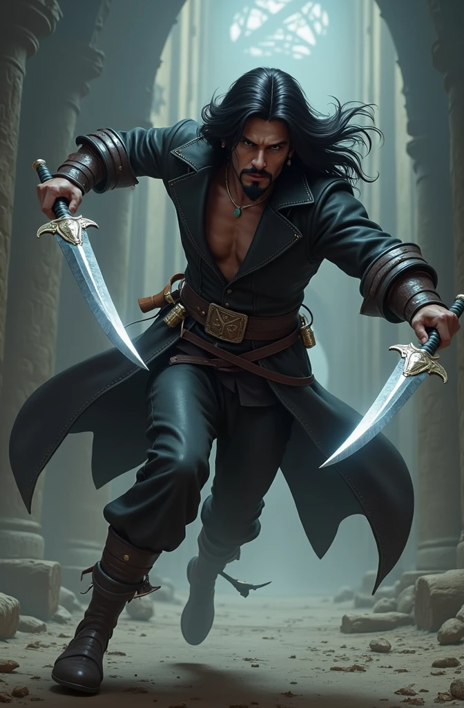 Crie uma imagem de um ladino baseado no mundo de d&d , human race jumping to attack with a dagger in each hand.
Appearance: cabelos longos e negros, Mustache and goatee, athletic body.