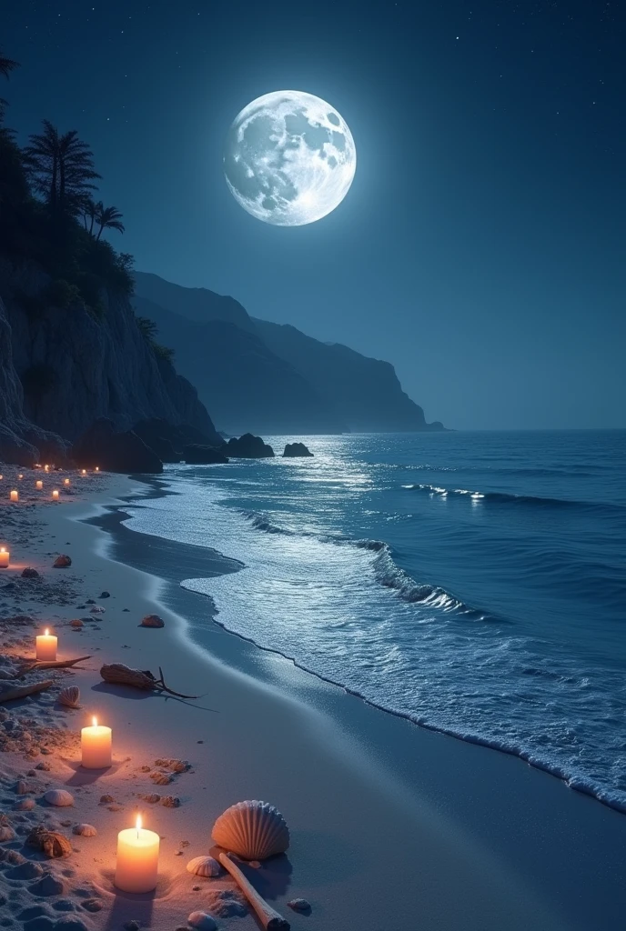 Moonlit night, sea, beach, moon reflected on the water, beautiful in detail, lots of candlelight