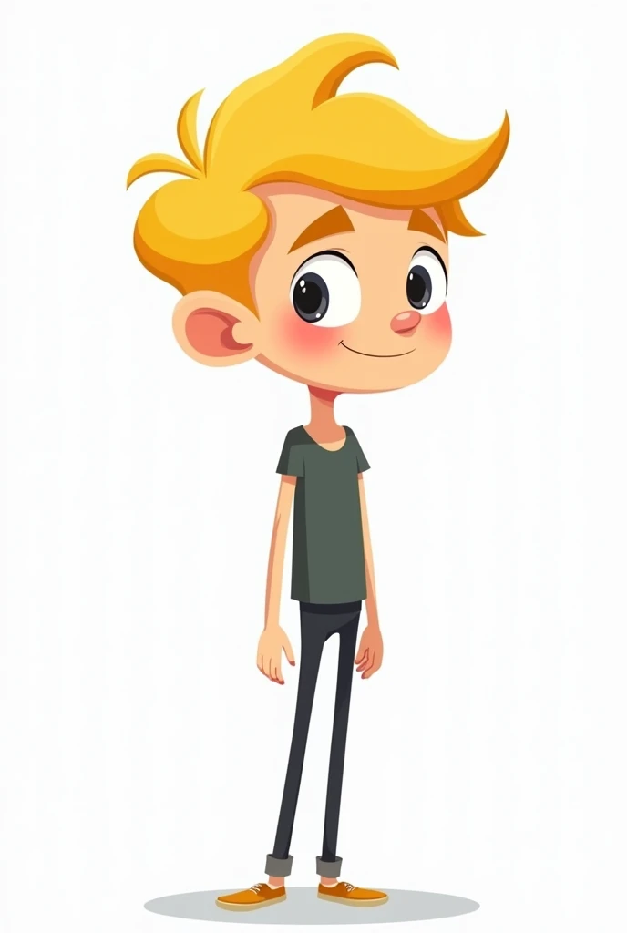 Create a cartoon character with blonde hair and thin male with a white background in 2d