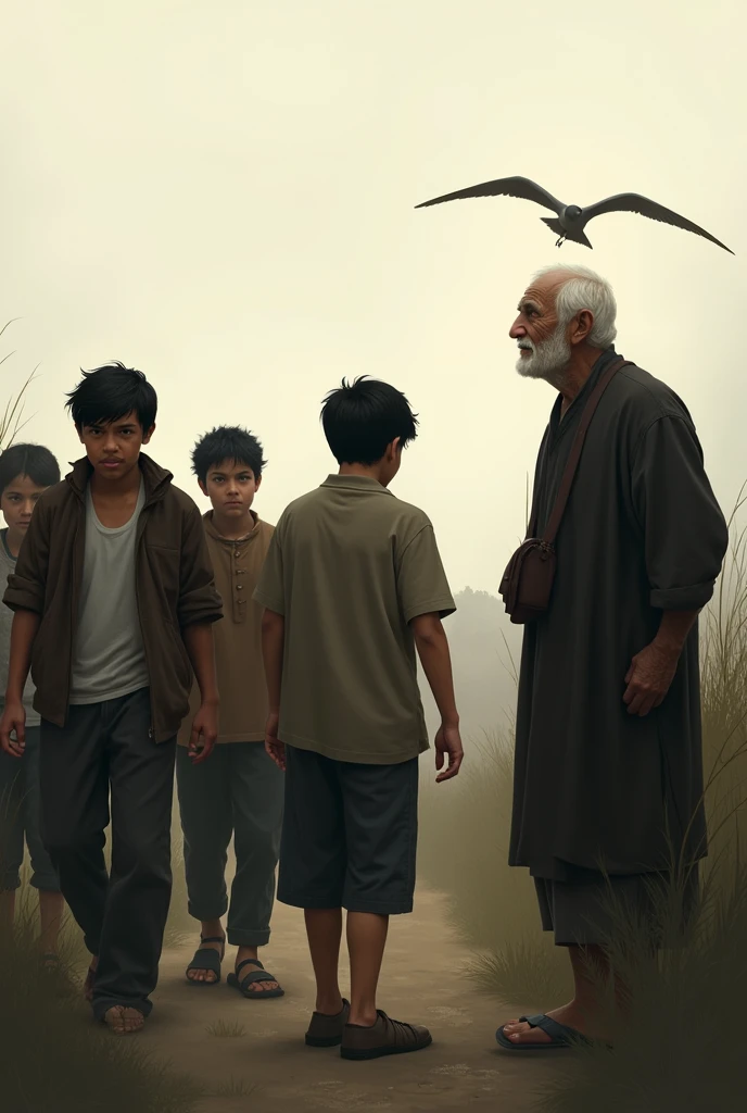 Visual Prompt: The youths walking away with their heads lowered, the bird flying free behind them, while the old man watches them depart with a gentle smile.