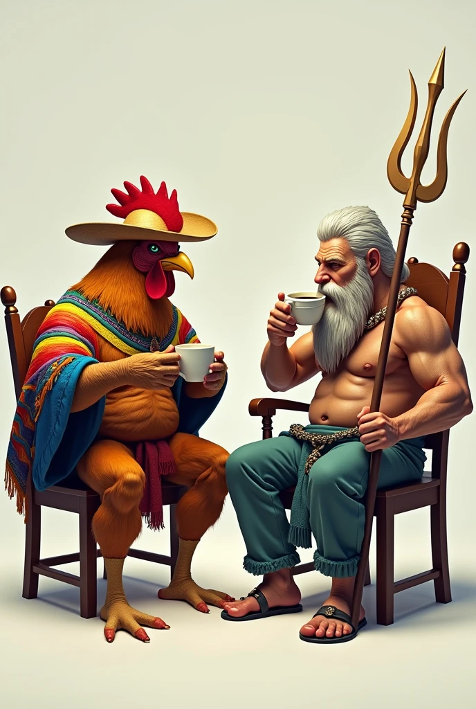 Mutant muscled chicken dressed as a Colombian drinking coffee sitting on a chair with Poseidon next to him drinking coffee 