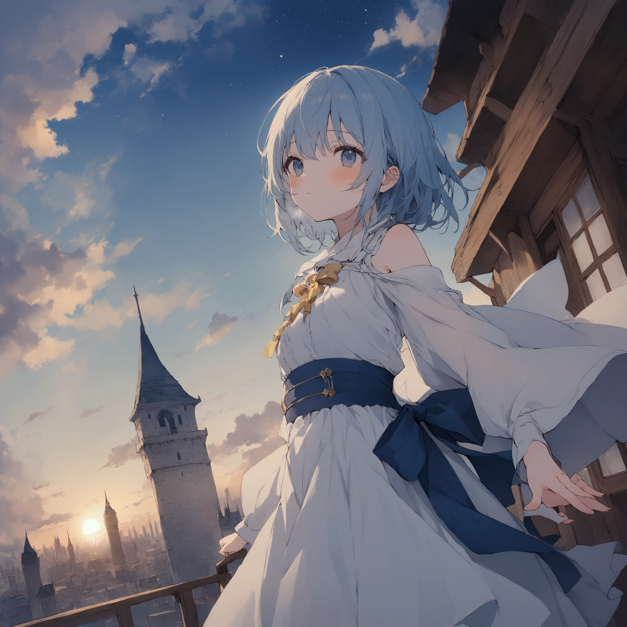 Girl looking up scene 1: The shadow of the tower at dusk A girl stands quietly with the sky as her backdrop, Dyed a bluish color. Towering before her was a gigantic structure called the Tower of Babel.. The Shape, Like piercing the clouds, It's like it's reaching the sky. The girl's gaze is directed towards the top of the tower.. tower, Enveloped in the darkness of the night, Creates a great atmosphere. The surface of the tower has a complex pattern..is engraved. It looks like an ancient script. The girl seems to have sensed something deep within the tower.. Is it a memory of a masterpiece?、Or is it a longing for an unknown fantasy world?? Scene 2: Memories of the starry sky As countless stars twinkle in the night sky、The girl stands at the top of the Tower. At her feet, The city lights shine like jewels. The girl closes her eyes and takes a deep breath. The scent of the night breeze mixes with the old smell of the tower.. The girl's mind replayed a famous story. It was a story of adventure and friendship that the girl read.。 . The main character of the story, like, Climbed the Tower of Babel. There, She met her friends、Mr.々Overcome difficulties. One day the girl、, Main character, I'll go on an adventure. Scene 3: The promise of the morning glow The girl is when the morning sun shines on the tower、Left the tower. Recall, The tower shines in the morning sun、god々It even seemed. The girl decides to climb this tower again someday.. And she, She vows to tell the rest of the story. Step by Step, The girl began to walk towards the future..