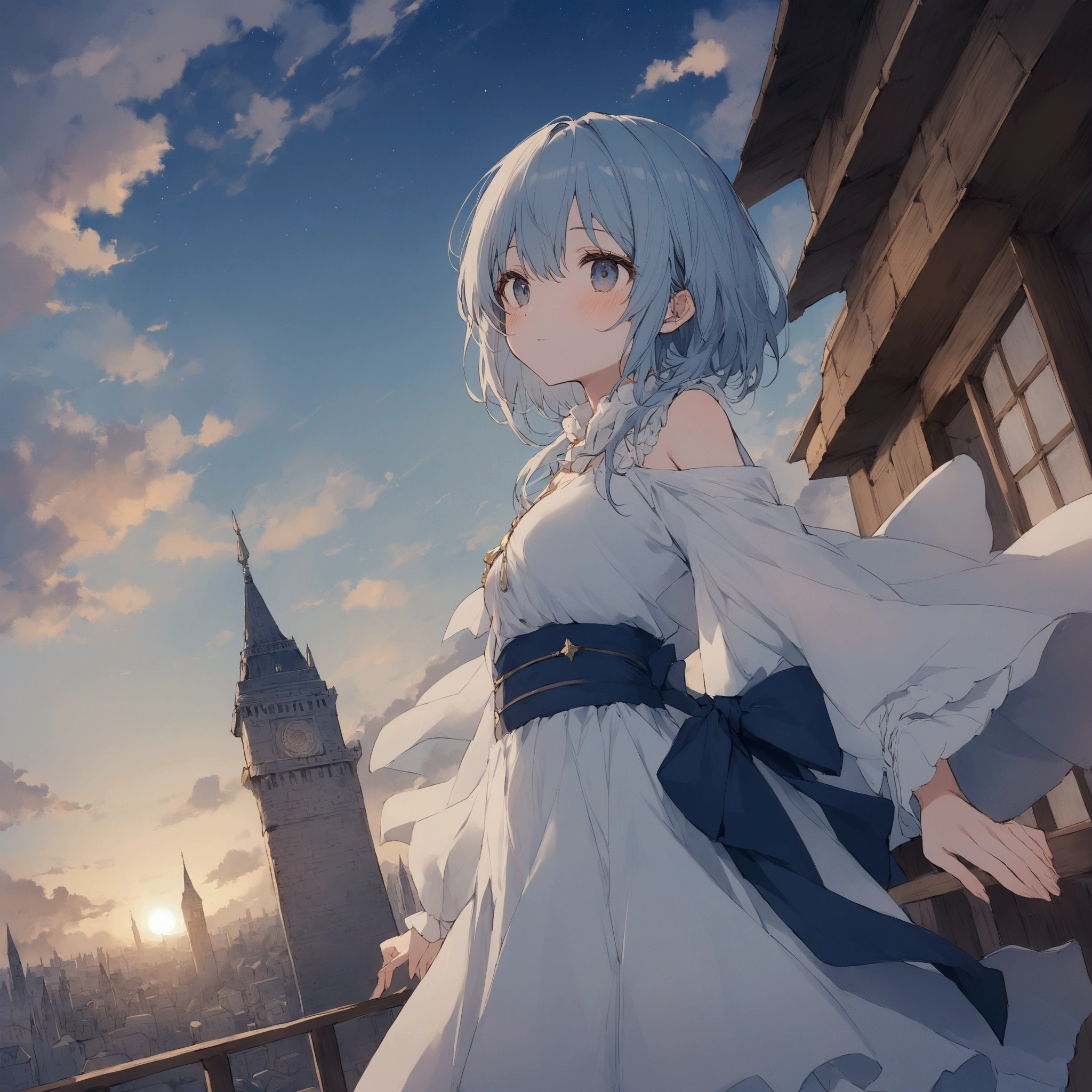 Girl looking up scene 1: The shadow of the tower at dusk A girl stands quietly with the sky as her backdrop, Dyed a bluish color. Towering before her was a gigantic structure called the Tower of Babel.. The Shape, Like piercing the clouds, It's like it's reaching the sky. The girl's gaze is directed towards the top of the tower.. tower, Enveloped in the darkness of the night, Creates a great atmosphere. The surface of the tower has a complex pattern..is engraved. It looks like an ancient script. The girl seems to have sensed something deep within the tower.. Is it a memory of a masterpiece?、Or is it a longing for an unknown fantasy world?? Scene 2: Memories of the starry sky As countless stars twinkle in the night sky、The girl stands at the top of the Tower. At her feet, The city lights shine like jewels. The girl closes her eyes and takes a deep breath. The scent of the night breeze mixes with the old smell of the tower.. The girl's mind replayed a famous story. It was a story of adventure and friendship that the girl read.。 . The main character of the story, like, Climbed the Tower of Babel. There, She met her friends、Mr.々Overcome difficulties. One day the girl、, Main character, I'll go on an adventure. Scene 3: The promise of the morning glow The girl is when the morning sun shines on the tower、Left the tower. Recall, The tower shines in the morning sun、god々It even seemed. The girl decides to climb this tower again someday.. And she, She vows to tell the rest of the story. Step by Step, The girl began to walk towards the future..