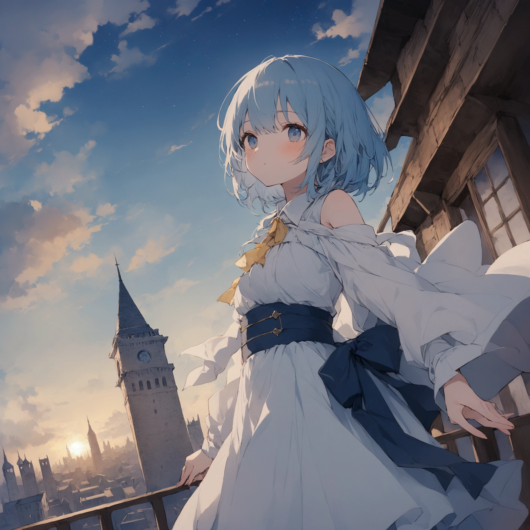 Girl looking up scene 1: The shadow of the tower at dusk A girl stands quietly with the sky as her backdrop, Dyed a bluish color. Towering before her was a gigantic structure called the Tower of Babel.. The Shape, Like piercing the clouds, It's like it's reaching the sky. The girl's gaze is directed towards the top of the tower.. tower, Enveloped in the darkness of the night, Creates a great atmosphere. The surface of the tower has a complex pattern..is engraved. It looks like an ancient script. The girl seems to have sensed something deep within the tower.. Is it a memory of a masterpiece?、Or is it a longing for an unknown fantasy world?? Scene 2: Memories of the starry sky As countless stars twinkle in the night sky、The girl stands at the top of the Tower. At her feet, The city lights shine like jewels. The girl closes her eyes and takes a deep breath. The scent of the night breeze mixes with the old smell of the tower.. The girl's mind replayed a famous story. It was a story of adventure and friendship that the girl read.。 . The main character of the story, like, Climbed the Tower of Babel. There, She met her friends、Mr.々Overcome difficulties. One day the girl、, Main character, I'll go on an adventure. Scene 3: The promise of the morning glow The girl is when the morning sun shines on the tower、Left the tower. Recall, The tower shines in the morning sun、god々It even seemed. The girl decides to climb this tower again someday.. And she, She vows to tell the rest of the story. Step by Step, The girl began to walk towards the future..