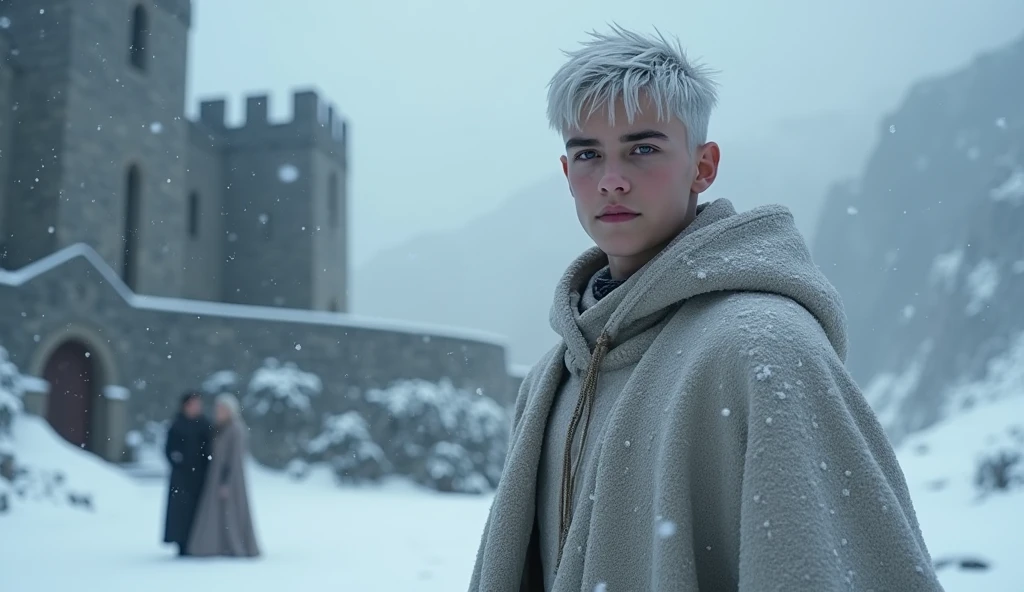 A targaryen teenager boy with 14 years with silver short hair, silver eyebrows and purple eyes, Winterfell scenary, naked in the snow, couple