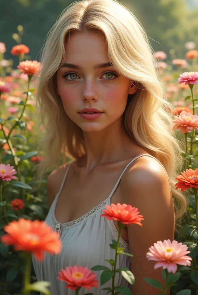 Realistic, authentic, beautiful blonde girl on a flower garden