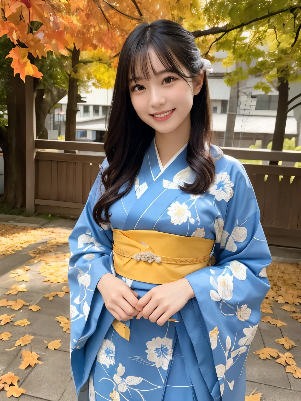 1girl, solo, highres, best_quality, masterpiece, detailed_background, intricate_details, beautiful, hiroshima, mitaki_temple, nature, autumn_leaves, traditional_clothes, kimono, smile, looking_at_viewer, dynamic_pose, natural_pose, candid, happy