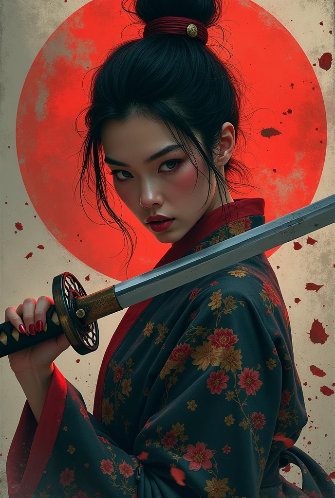 the 404 logo pierced with a katana by a samurai woman in a hyper realistic form