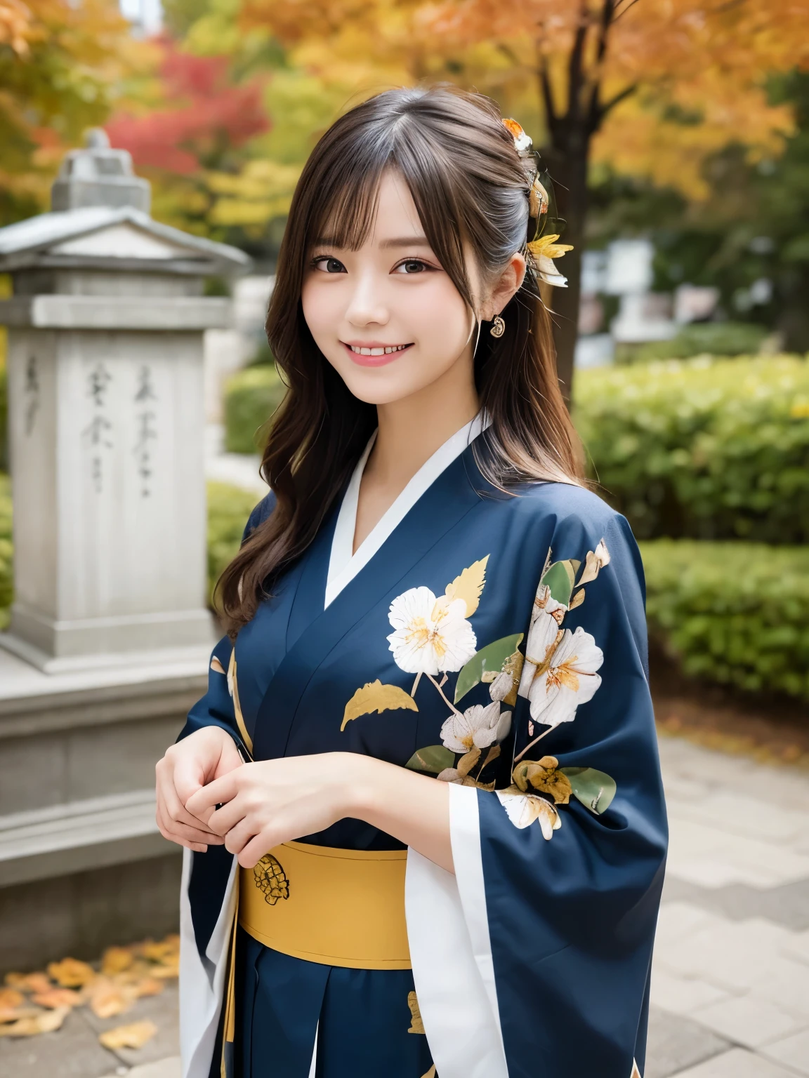 1girl, solo, highres, best_quality, masterpiece, detailed_background, intricate_details, beautiful, hiroshima, mitaki_temple, nature, autumn_leaves, traditional_clothes, kimono, smile, looking_at_viewer, dynamic_pose, natural_pose, candid, happy