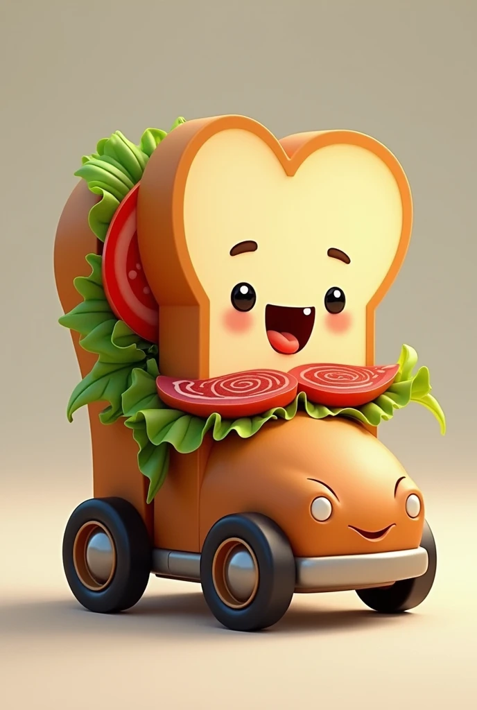 A sandwich on car wheels, in Cartoon, that represents a tasty and delicious sandwich, showing part of the tomato and lettuce and salami filling, using the baguette type of bread and the photo is from the side, showing only 2 wheels. 