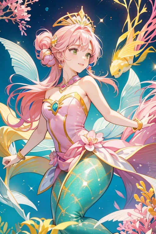 Maura is a light pink mermaid with dark pink hair and yellow fins. She has a pink and yellow tail.
She wears a teal outfit with a gold design on top and a coral pattern on her long skirt.
 She comes with a purple headpiece and removable orange wrist fins.  SPARKLE; GLITTER]