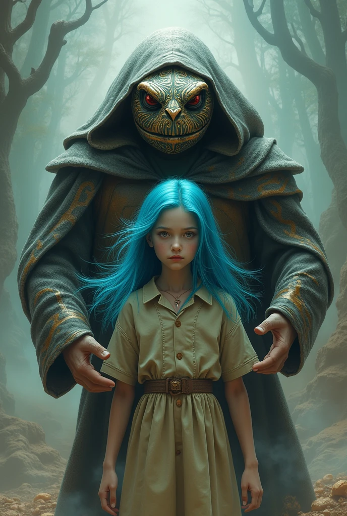 Make a man with a turtle mask and another man protecting a girl with blue hair