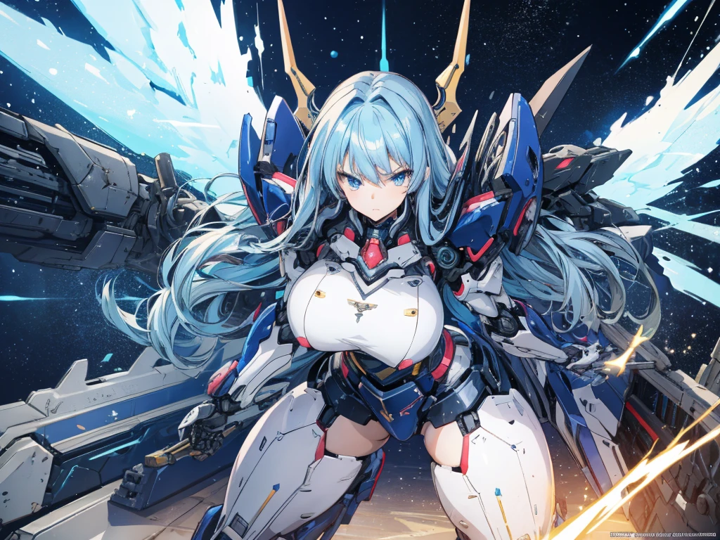 Anime, 1 mature woman, solo, milf, mecha musume, lynen colored hair, Long massive hair, navy-blue eyes, large breasts, firm plump body, mecha armor, mechanical gear, mechanical wings, detailed, cyberweapon, Serious, expressive eyes, sparking shocking 