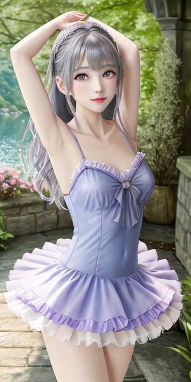 Gliding gracefully across the lake like a graceful swan,Dancing lightly like a fairy under the moonlight,A mystical dance performed in the solemn cathedral,A magnificent dance performance in a medieval castle banquet hall. A realistic dance performance in a dimly lit forest.、((Highest quality)), ((masterpiece)), (detailed), Captivating Gaze, レオタードballetの人物, cute, 非常にdetailedな, 超High resolution,Highest quality, 8k, High resolution, 1 person, (Professional Lighting),、thin、ballet。ballerina。Soft lighting and excellent shadow representation、Expressing an emotional and romantic atmosphere。Be enchanted by the subtle details and vibrant colors of gorgeous frilly purple opera tutus and leotards.。Great stage backdrop.Finished face、European women、Gray Hair、Medieval European streets