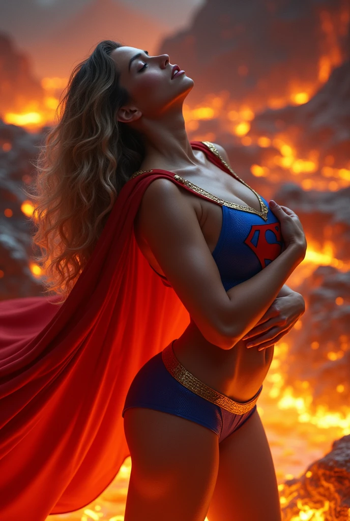 A SLUTTY TEEN SUPERGIRL WEARING A BLUE SLUTTY SUPERGIRL COSTUME AND RED SUPERGIRL CAPE, EMERGED IN THICK LAVA, ARCHED BACK MOANING AS SHE GRABS HER BIG PLENTUFUL SUPERGIRL BOOBS.INCREDIBLY DETAILED GLOWING SKIN, INCREDIBLEY DETAILED FACE, INCREDIDBLEY DETAILED CLOTHING, TEXTURED SKIN PORES, TEXTURED HAIR, 8K ABSURD RESOLUTION, MASTERPIECE. PHOTO REALSITIC, HYPER REALISTIC.16K RESOLUTION. PREFESSIONAL GRADE IMAGE.
