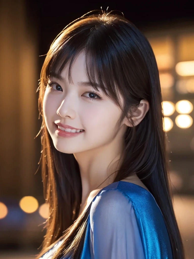 1girl,(wearing a blue evening dress:1.2),(RAW photo, best quality), (realistic, photo-realistic:1.4), masterpiece, an extremely delicate and beautiful, extremely detailed, 2k wallpaper, Amazing, finely detail, extremely detailed CG unity 8k wallpaper, ultra-detailed, highres, soft light, beautiful detailed girl, extremely detailed eyes and face, beautiful detailed nose, beautiful detailed eyes,cinematic lighting,city lights at night,perfect anatomy,slender body,light smile,close up,(long hair with bangs), big breast