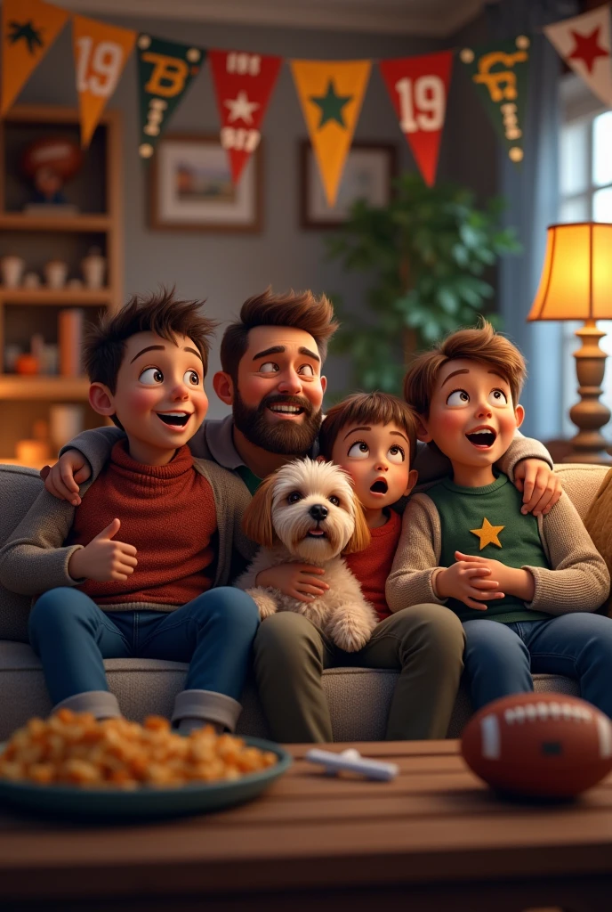 Family cheering on the living room couch with the dog, watching an American football game with all the themed decorations of the game.