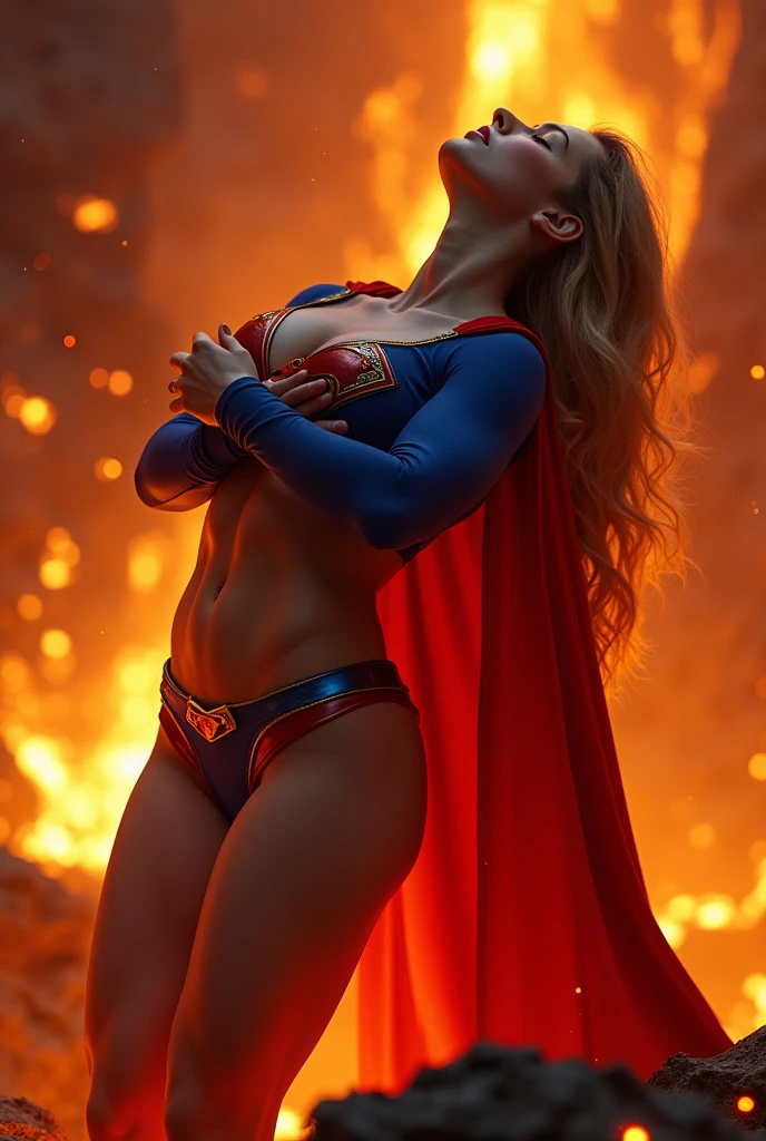 A SLUTTY TEEN SUPERGIRL WEARING A BLUE SLUTTY SUPERGIRL COSTUME AND RED SUPERGIRL CAPE, EMERGED IN THICK LAVA, ARCHED BACK MOANING AS SHE GRABS HER BIG PLENTUFUL SUPERGIRL BOOBS.INCREDIBLY DETAILED GLOWING SKIN, INCREDIBLEY DETAILED FACE, INCREDIDBLEY DETAILED CLOTHING, TEXTURED SKIN PORES, TEXTURED HAIR, 8K ABSURD RESOLUTION, MASTERPIECE. PHOTO REALSITIC, HYPER REALISTIC.16K RESOLUTION. PREFESSIONAL GRADE IMAGE.