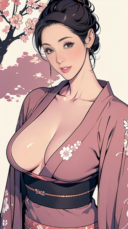 1,Japanese hairstyle,Photorealism,detailed,masterpiece,mature,((full)), (Broad shoulders), ((Huge)),(Beautiful long-sleeved kimono,Kimono,smile,masterpiece,high qualityのAn illustration,, An illustration:Zoe Mozart, pin up art byZoe Mozert, ヴィンテージpin up, ゾーイ・モザートによるAn illustration, girl pin up, pin up girl, pin upポスターガール, pin upガール, pin up, pin upガール,30 years old、high quality,Are standing,High Resolution 4K Information,Kyoto,Cherry tree,