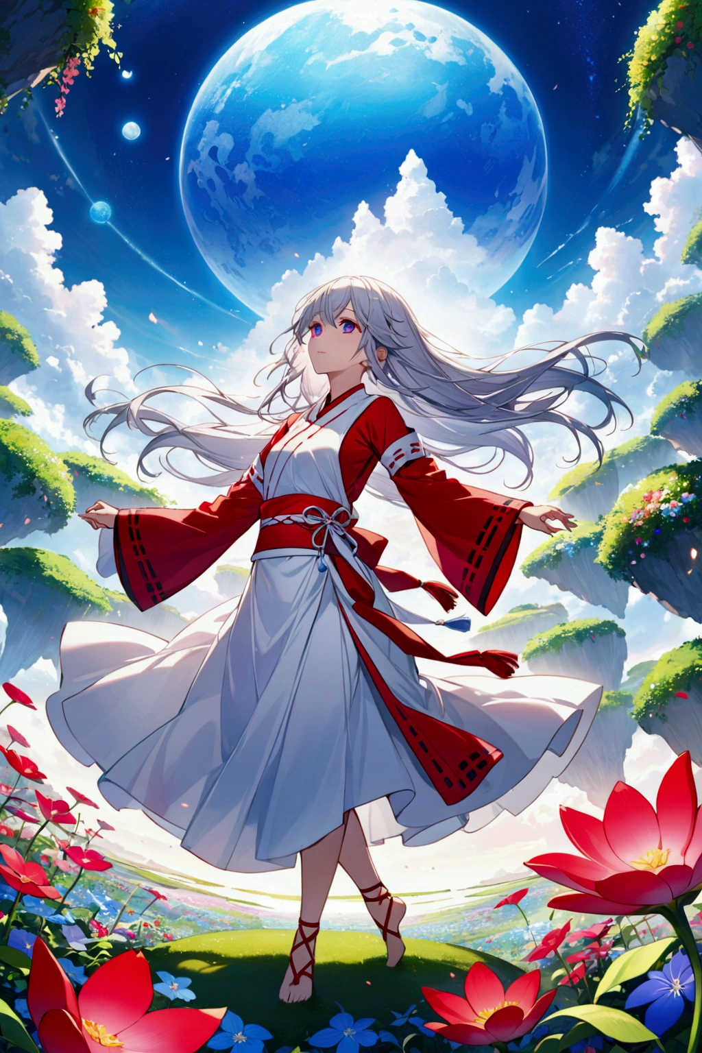 Magnificent View、Multiple floating islands、Hanging Garden、Outdoor、View from afar、Ground Viewpoint、anime、High definition、Miko costume、Dancing among the flowers、Silver Hair(Long Hair、The top of the head is indigo blue、Red bristles)、Opal Eyes