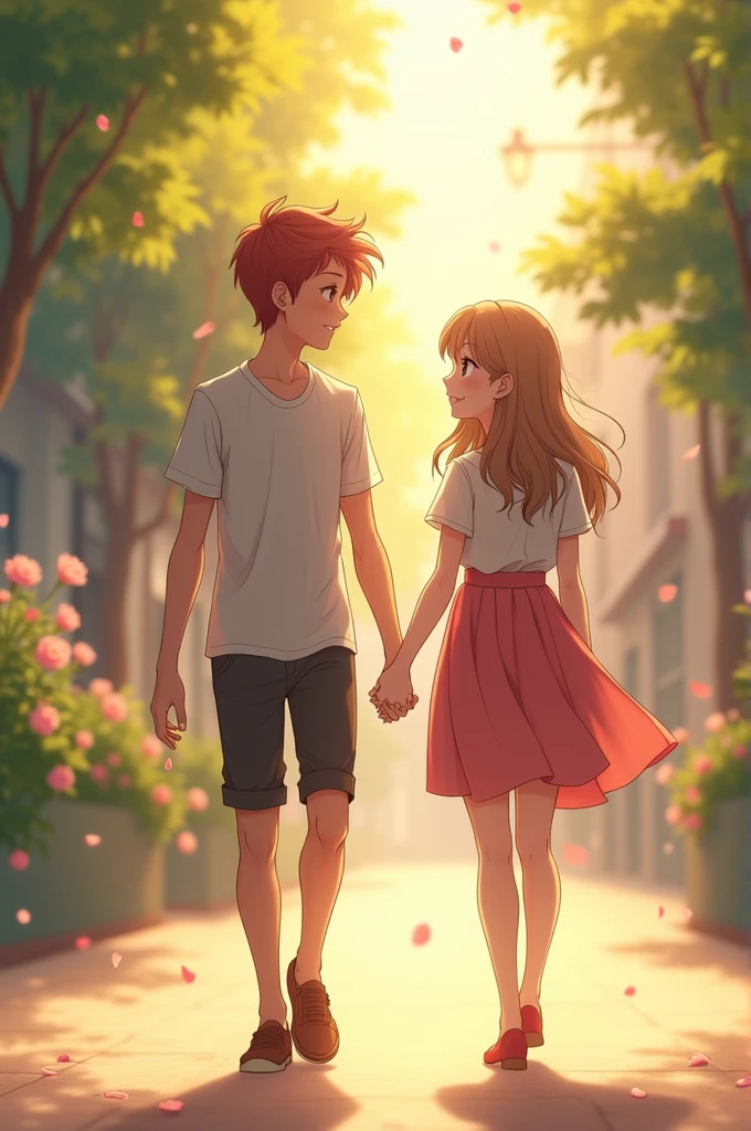 A 17 year old anime boy and a 16 year old anime girl is walking and The girl is holding the boy's hand